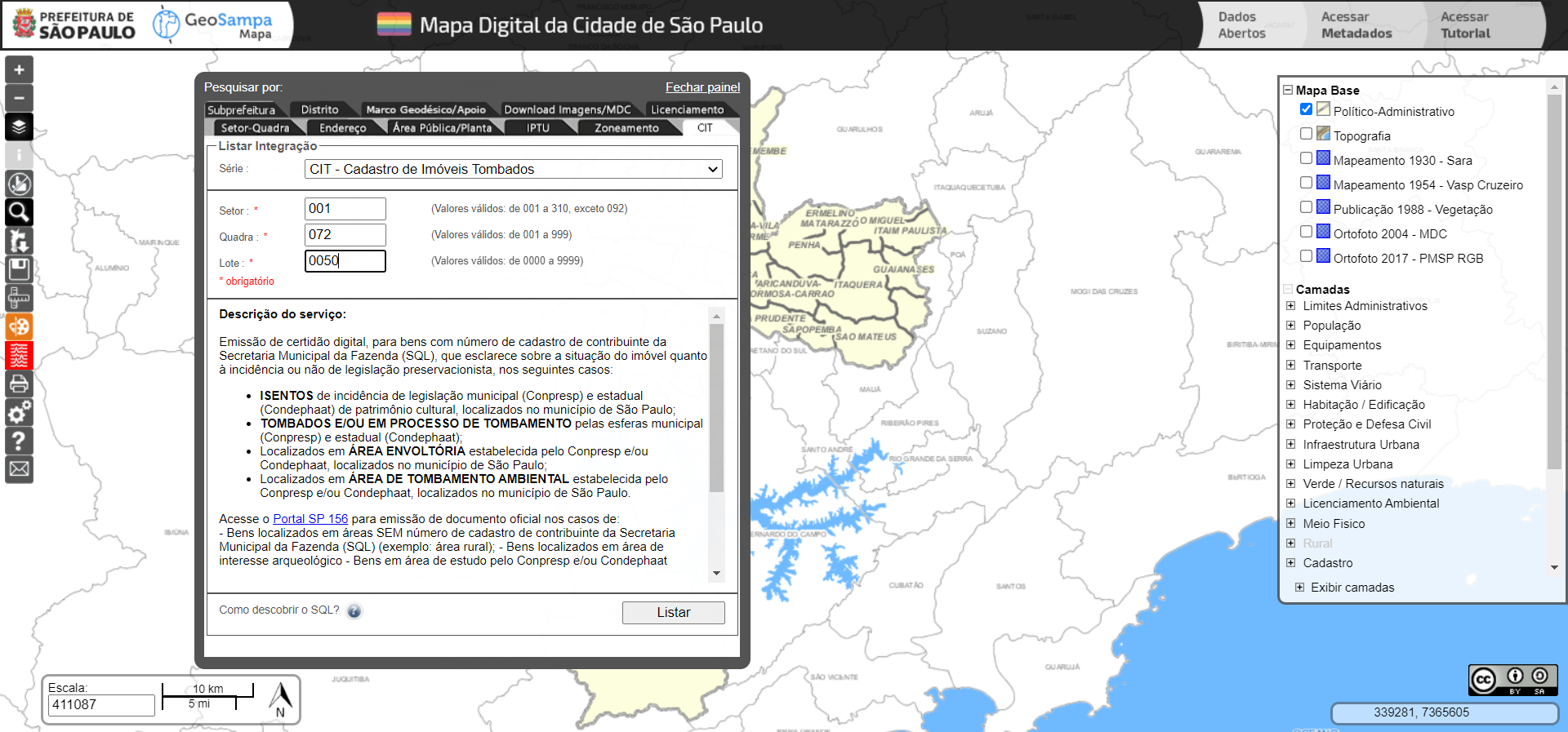 Janela de pesquisa com a aba 'CIT' ativada, com pesquisa por 'Setor', 'Quadra' e 'Lote'