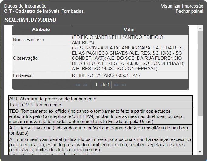 Janela dos 'Dados de Integração' com o banco de dados do 'CIT - Cadastro de Imóveis Tombados', com exemplo de resultado para um lote