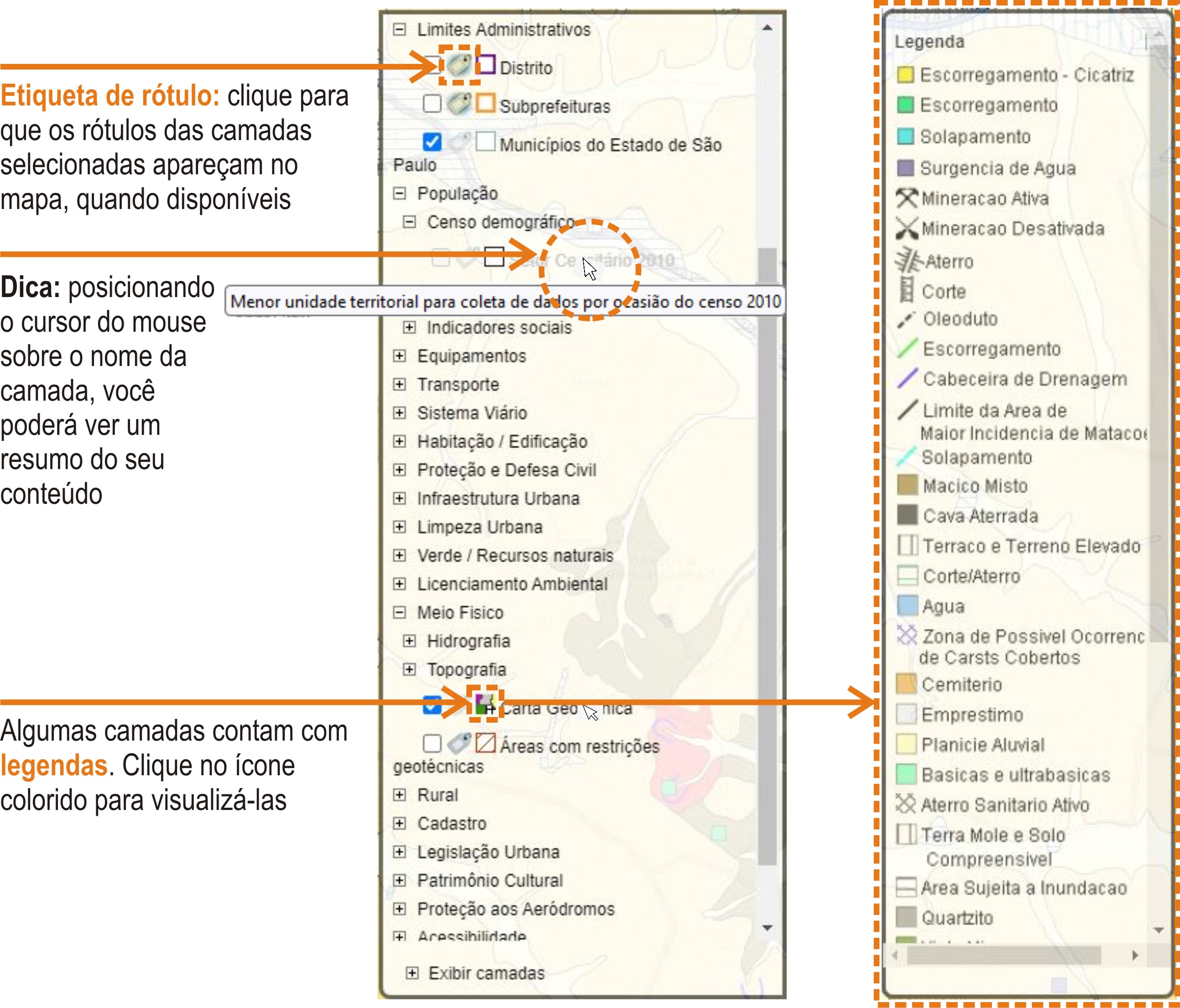 explicação da etiqueta de rótulo, de como usar o 'tooltip' e como ativar
                            a legenda de camadas que tenham esta característica aplicável