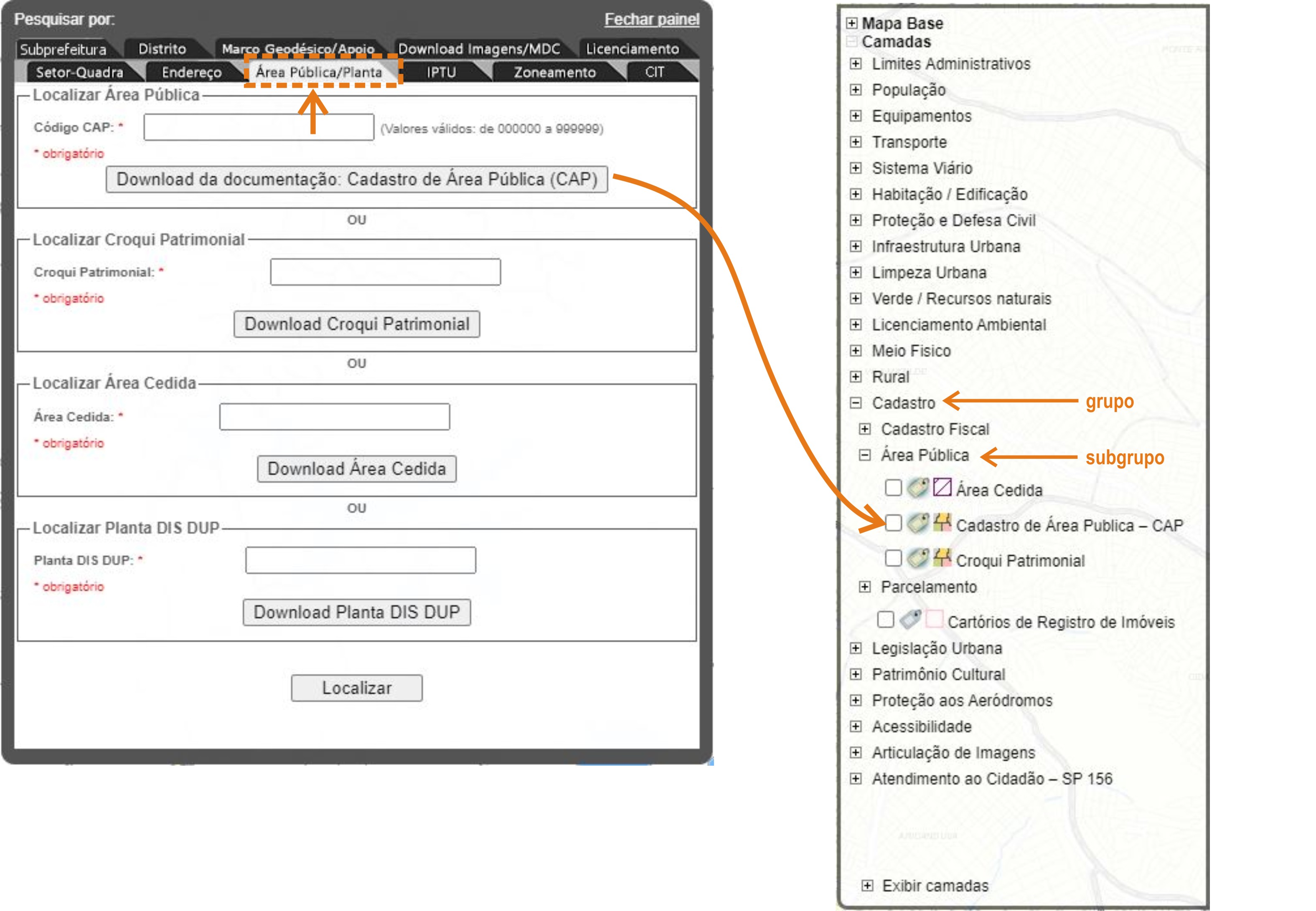 Imagem mostrando onde localizar a camada referência que precisa estar ativada para download de Cadastro de Área Pública:
                                        grupo Cadastro, subgrupo Área Pública, camada Cadastro de área pública - CAP.