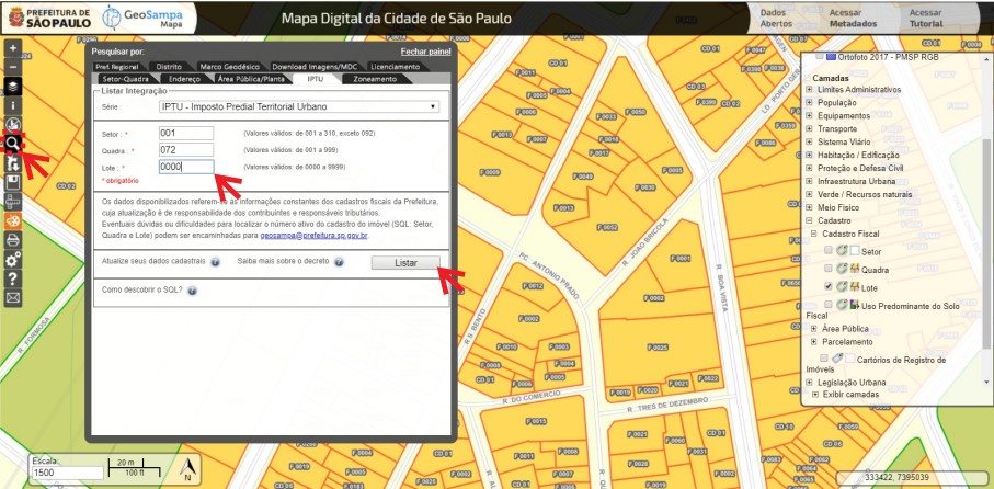 Janela de pesquisa com a aba 'IPTU' ativada, 
                            com pesquisa pelo preenchimento dos campos 'Setor', 'Quadra' e 'Lote'