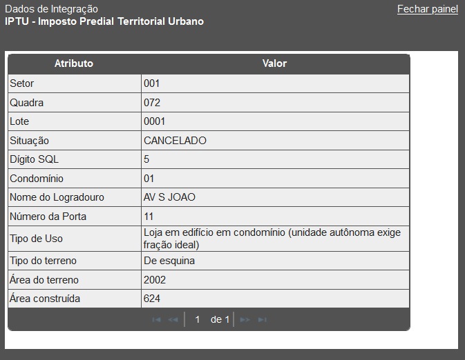 Informações do IPTU do lote indicado na imagem anterior, resultado da pesquisa