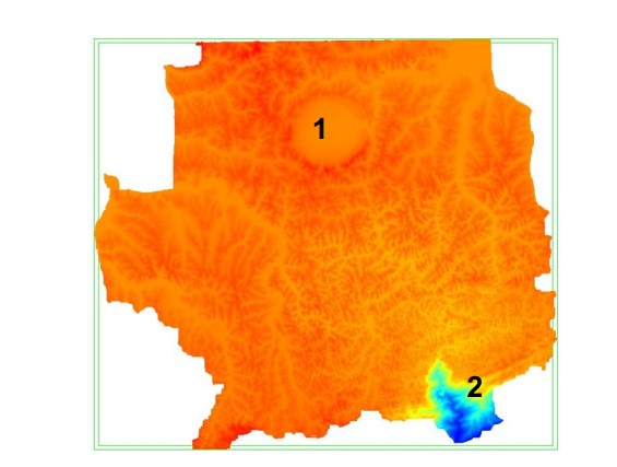 exemplos de imagens 3D hipsométricas produzidas a partir do Modelo Digital de Terreno - MDT