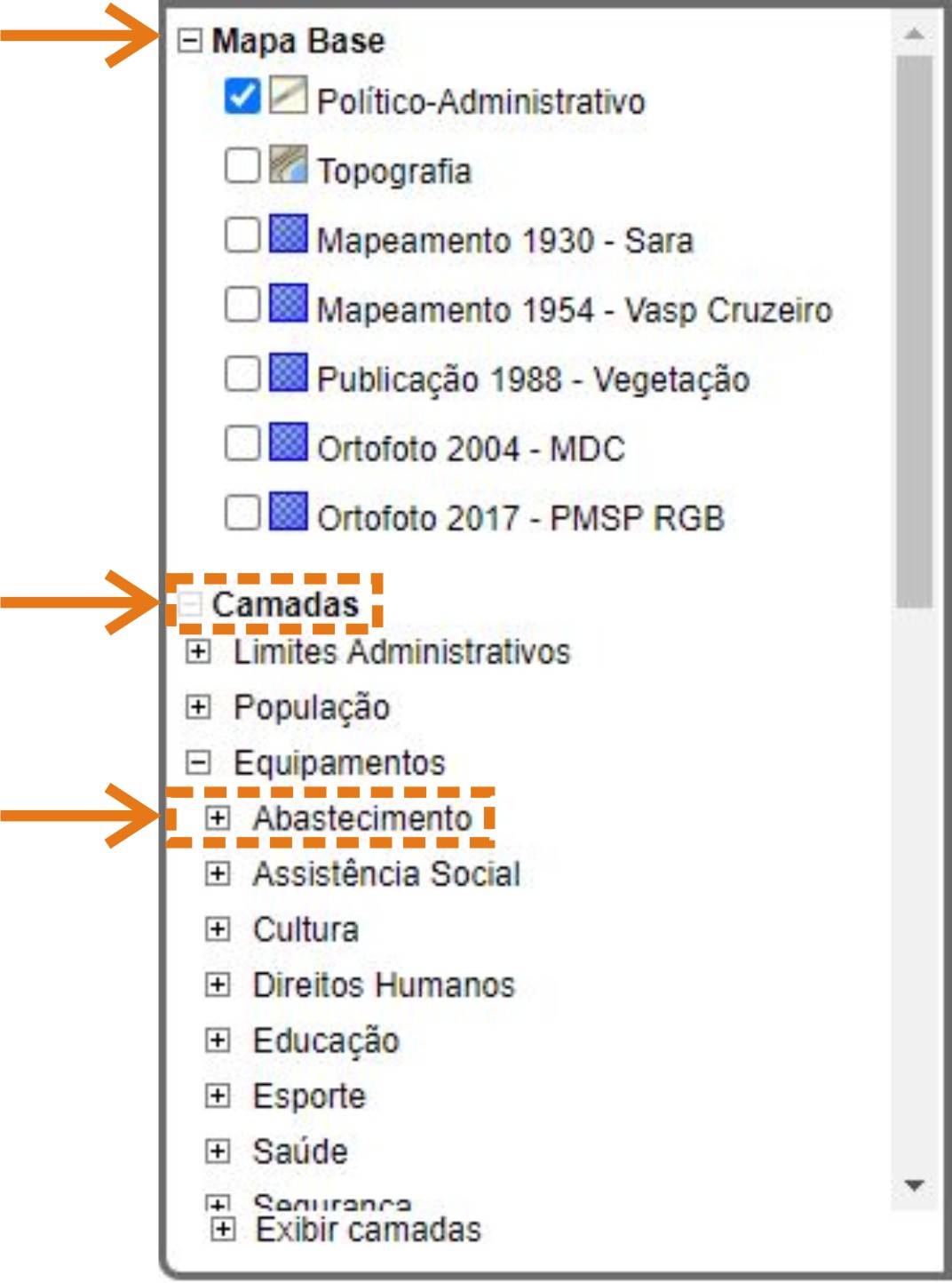 caixa de diálogo para seleção de mapas base e camadas, com destaque para
                            os menus 'Mapa Base', 'Camadas' e para o tema 'Absatecimento dentro do menu de camadas