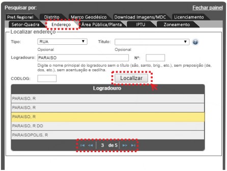 Janela da ferramenta 'Pesquisar', com a aba 
                        'Endereço' selecionada, pesquisando pela 'Rua Paraiso'
