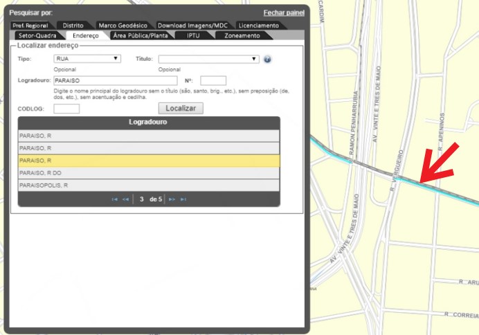 Resultado de pesquisa pela 'Rua Paraiso', com o 
                        seguimento do logradouro em questão destacado