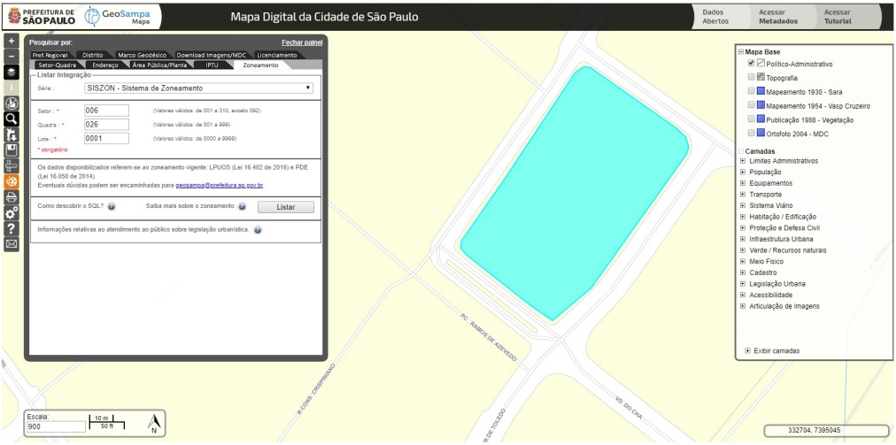 Janela de pesquisa com a aba 'Zoneamento' ativada, com pesquisa por um lote com os campos 'Setor', 'Quadra' 
                            e 'Lote' preenchidos e lote em destaque no mapa