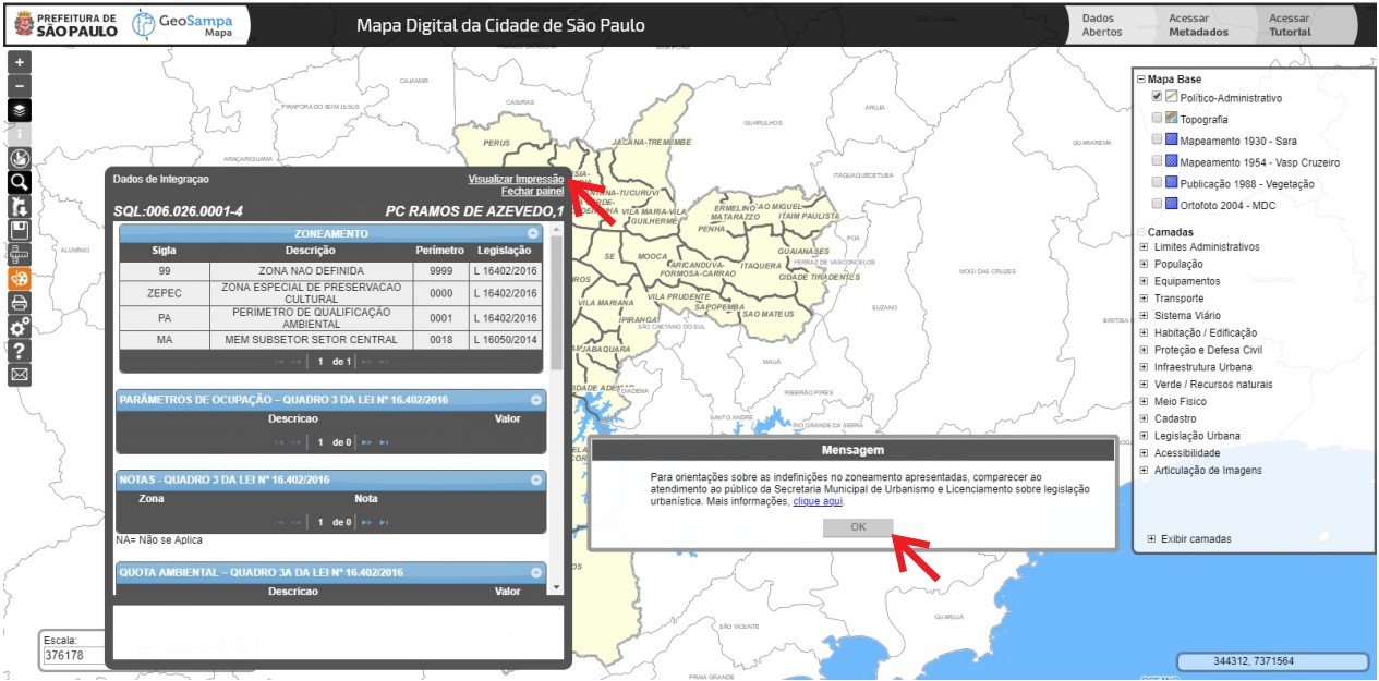Resultado da pesquisa de Zoneamento para um lote, com destaque para o botão 'Visualizar Impressão no canto 
                            superior direito da janela em questão e mais uma janela de mensagem com orientações no caso necessidade de atendimento sobre zoneamento, indicando link para mais informações