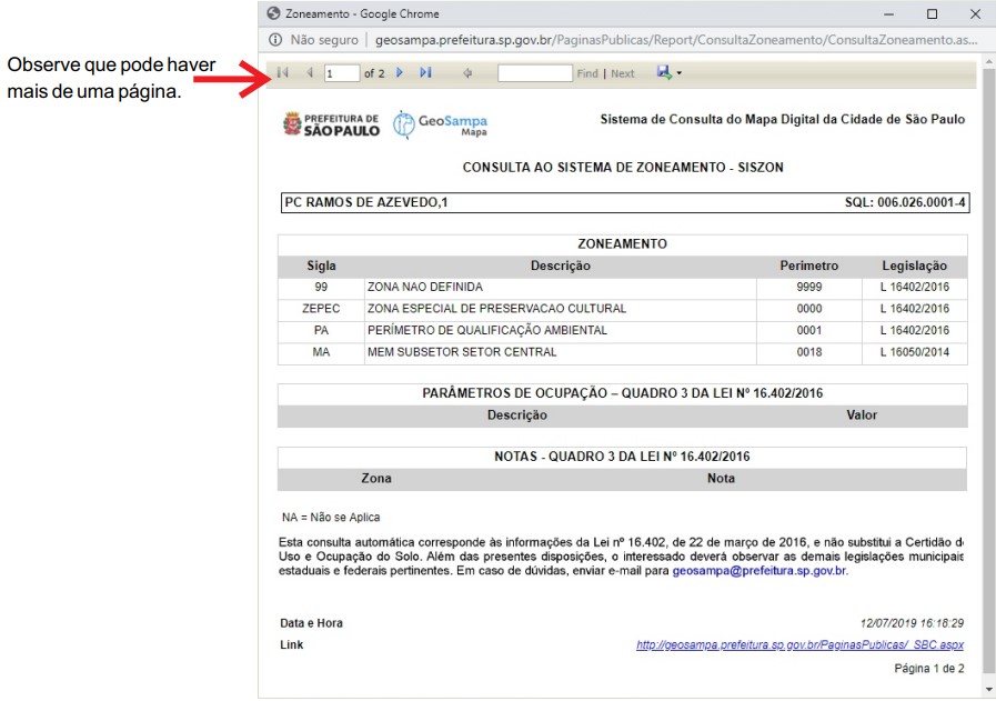 imagem ao clicar visualizar impressão, após pesquisa por zoneamento de um lote