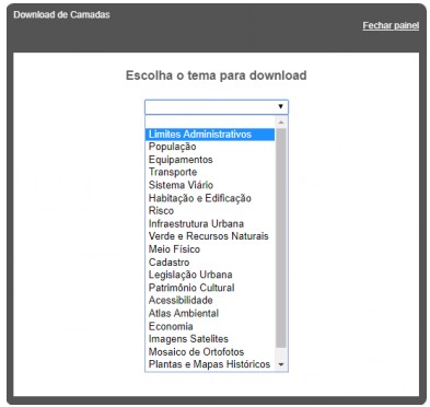 Janela de 'Downloade de Camadas' mostrando a lista de temas que podem ser escolhidos para download