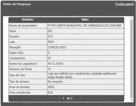 Informações do IPTU do lote indicado na imagem anterior, resultado da pesquisa