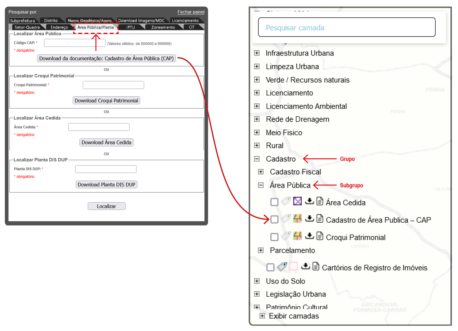 Imagem mostrando onde localizar a camada referência que precisa estar ativada para download de Cadastro de Área Pública:
                                        grupo Cadastro, subgrupo Área Pública, camada Cadastro de área pública - CAP.