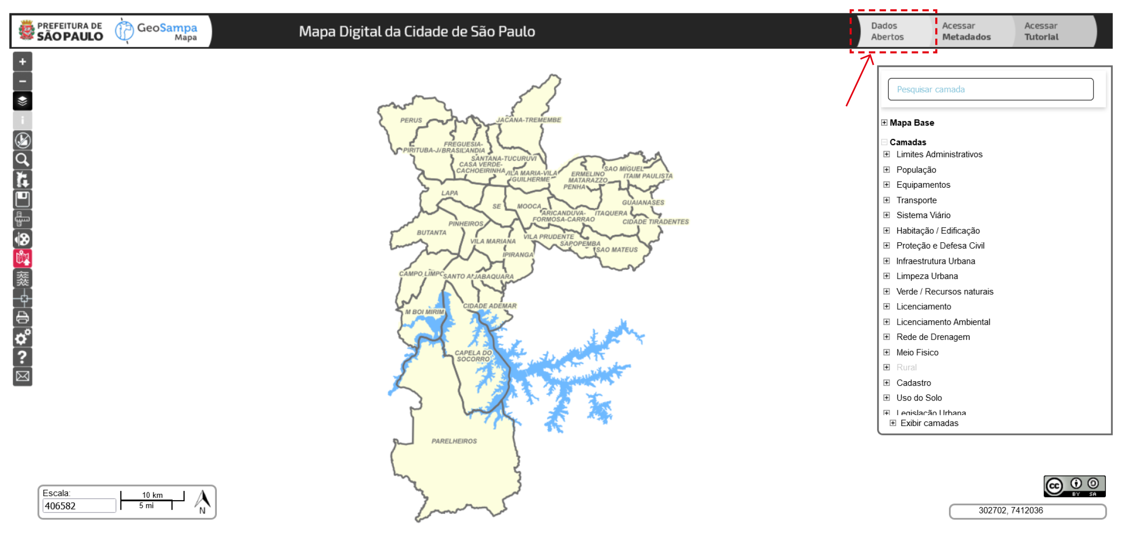 tela inicial do GeoSampa indicando
                         o botão Dados Abertos no canto superior direito