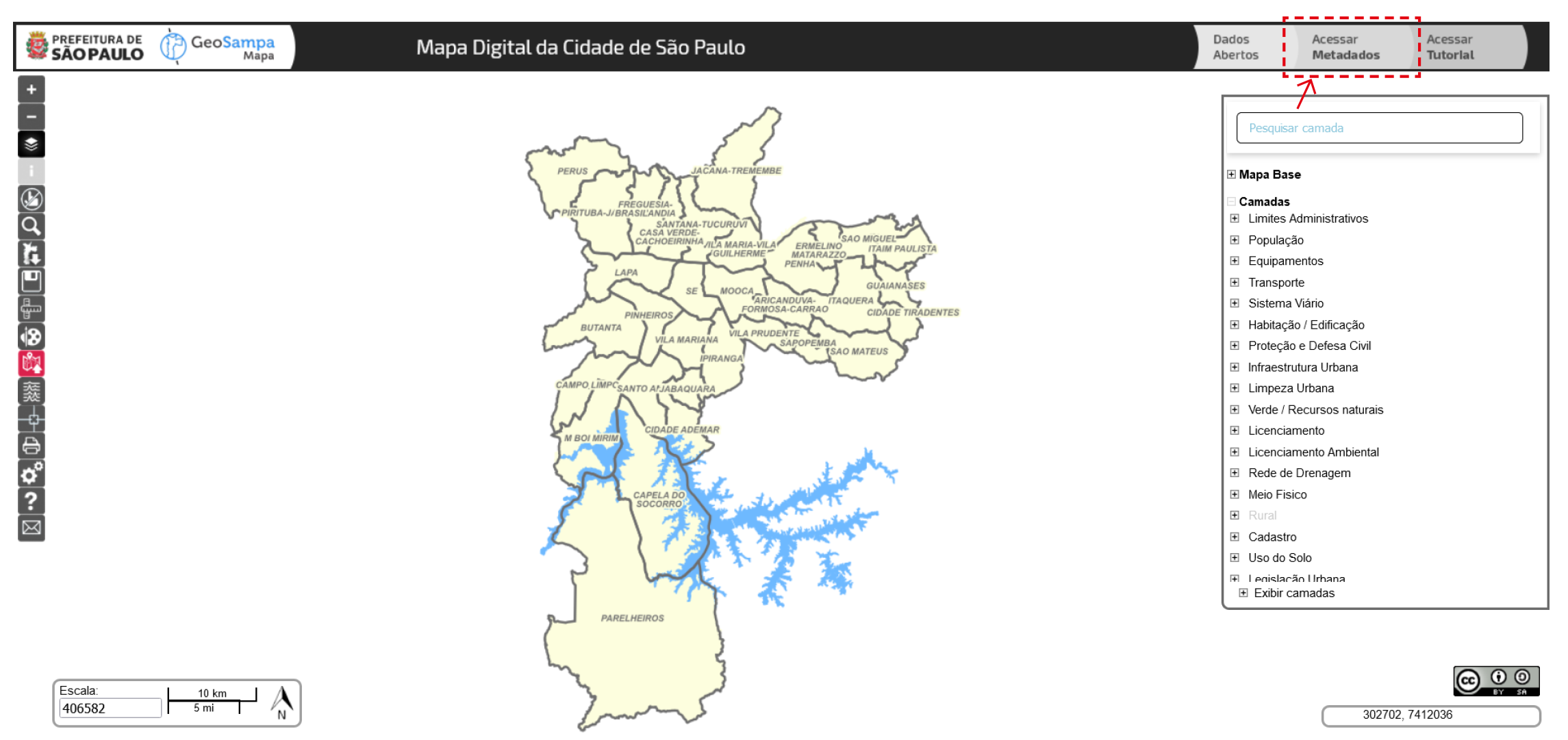 tela inicial do GeoSampa indicando
                        o botão Acessar Metadados no canto superior direito