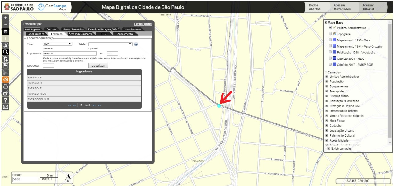 Exemplo de resultado de pesquisa por endereço 
                        com número, que destaca o ponto respectivo ao endereço no mapa